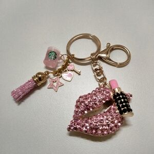 Pink Crystal Lips Keychain with Charms